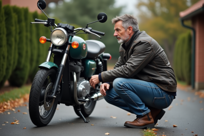 Homme d'âge moyen regardant le compteur d'une moto d'occasion