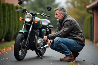 Homme d'âge moyen regardant le compteur d'une moto d'occasion