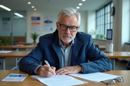 Homme d'âge moyen remplissant des papiers administratifs en France