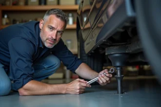 Homme en train de réparer une voiture dans un garage propre