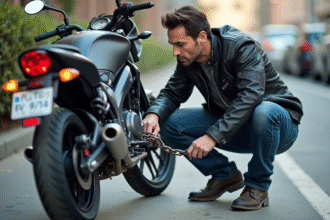 Homme en veste moto sécurisant sa moto avec chaîne en ville