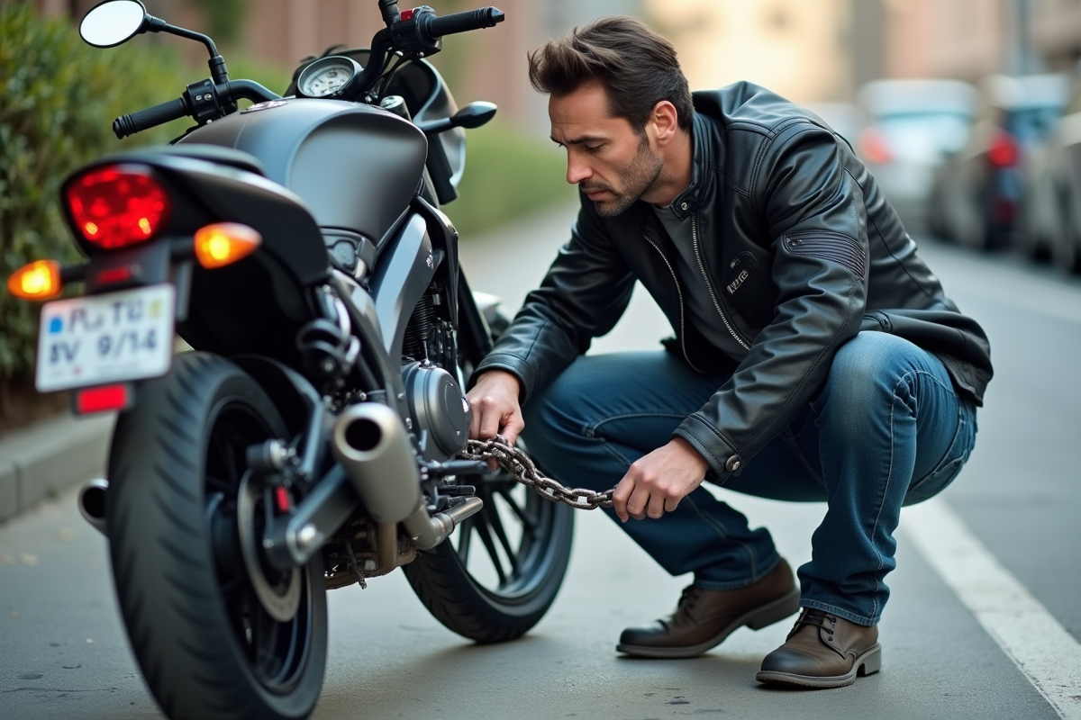 Homme en veste moto sécurisant sa moto avec chaîne en ville