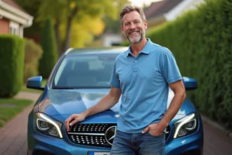 Homme d'âge moyen souriant près d'une voiture moderne