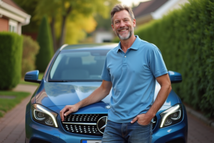 Homme d'âge moyen souriant près d'une voiture moderne