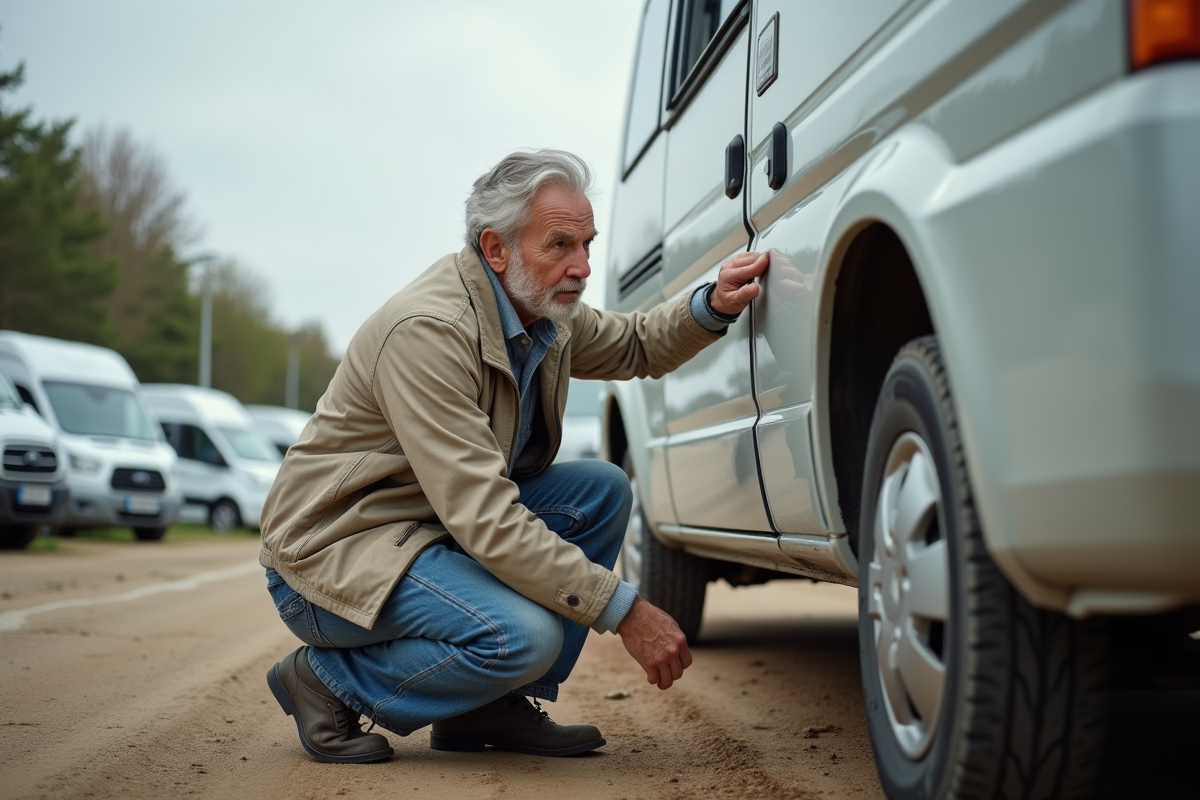 Senior inspectant le dessous d’un van d’occasion