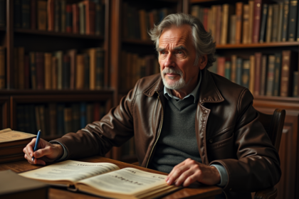 Homme d'âge moyen en veste en cuir vintage lisant des livres sur la moto