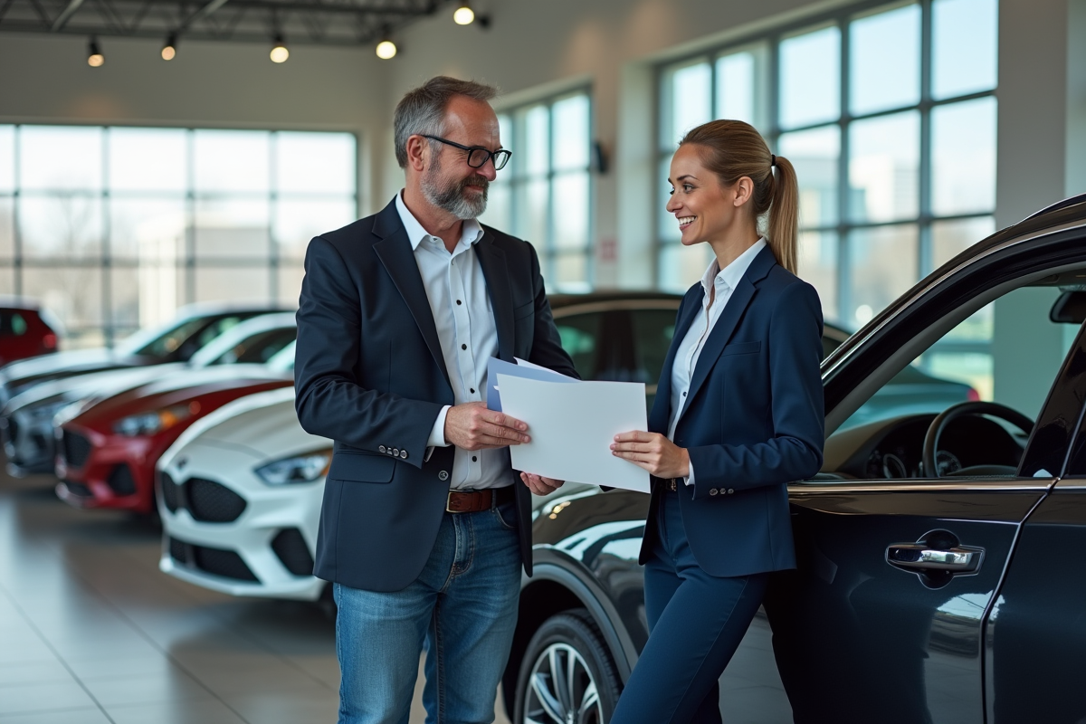 Homme d'âge moyen avec voiture neuve en concession