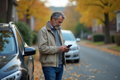 Homme d'âge moyen avec smartphone devant une voiture dans un quartier résidentiel