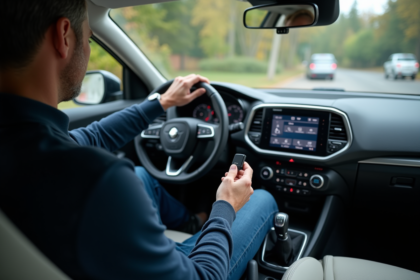 Homme d'âge moyen utilisant le GPS dans sa voiture moderne