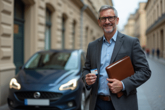 Homme d age moyen avec permis et dossier à côté d une voiture