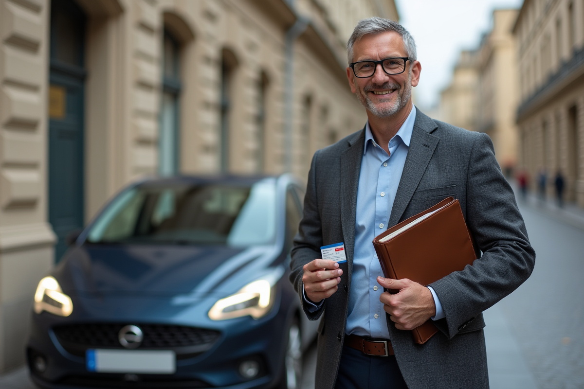 Homme d age moyen avec permis et dossier à côté d une voiture