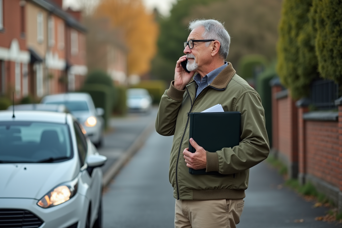Homme parle au téléphone près de sa voiture dans la rue
