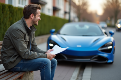 Homme pensif près d'une voiture sportive bleue