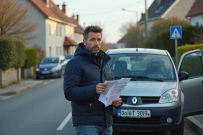 Homme inquiet avec document police devant voiture