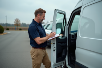 Homme d'âge moyen vérifiant une porte de van en extérieur