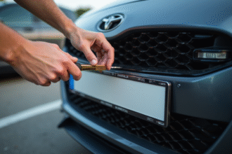 Personne installant une nouvelle plaque sur une voiture moderne