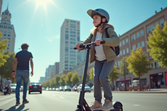 Jeune adolescent portant un casque en ville sur un scooter électrique