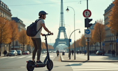 Jeune adulte portant un casque roulant en scooter électrique à Paris
