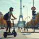Jeune adulte portant un casque roulant en scooter électrique à Paris