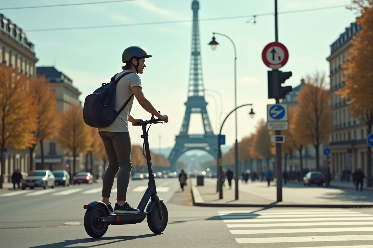 Jeune adulte portant un casque roulant en scooter électrique à Paris
