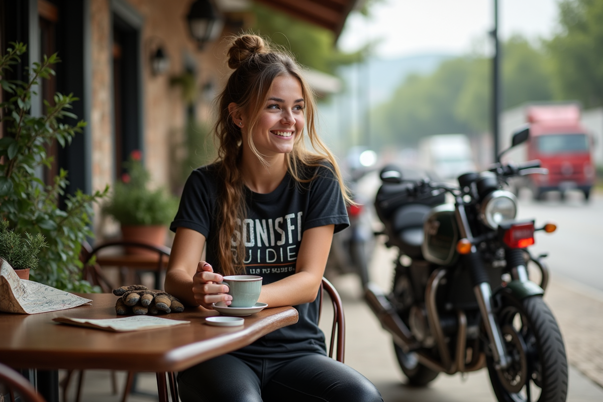 Jeune motarde souriante dans un café en plein air avec sa moto