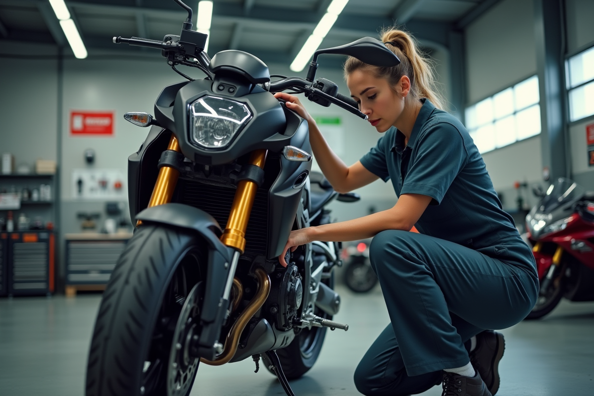 Jeune mécanicienne inspectant une moto dans un garage