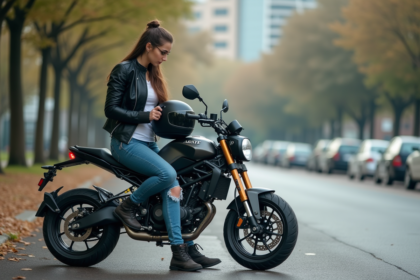Jeune femme en moto jacket étudie une petite moto A1