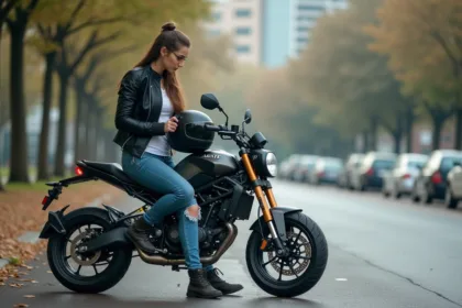 Jeune femme en moto jacket étudie une petite moto A1