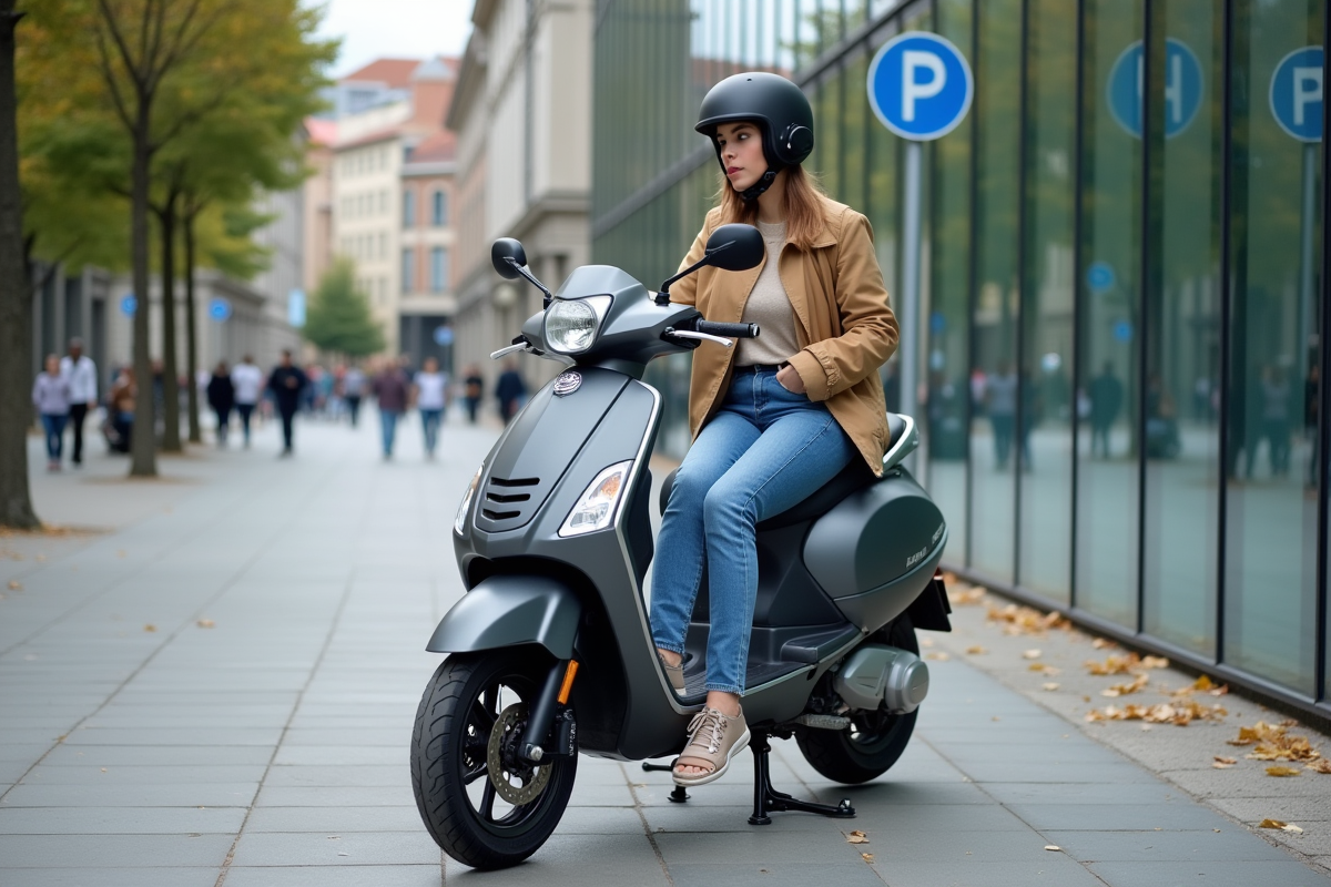 Jeune femme en scooter lisant un panneau à Lyon