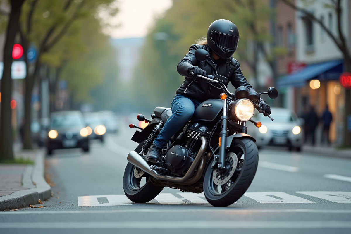 Jeune femme motarde en ville lors d’un virage