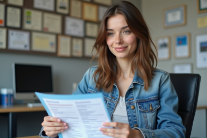Jeune femme avec permis de conduire en main dans un bureau