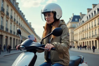 Jeune femme avec casque et scooter électrique à Paris