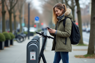 Jeune femme avec scooter en ville vérifiant son smartphone