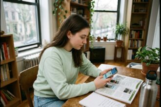 Jeune femme concentrée utilisant son smartphone à son bureau