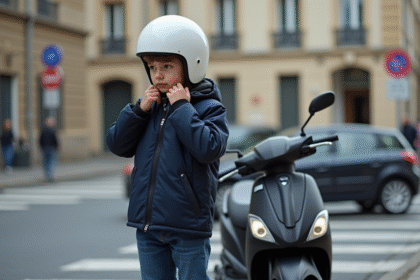 Jeune garçon français en scooter portant casque et veste navy