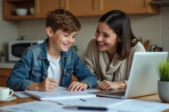 Jeune adolescent souriant avec sa mère à la maison