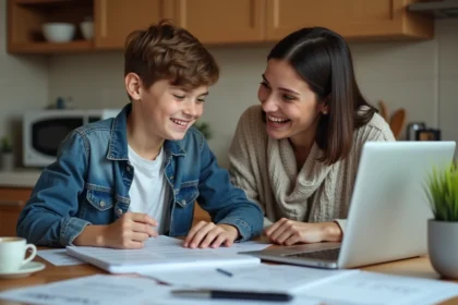 Jeune adolescent souriant avec sa mère à la maison