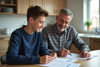 Adolescent souriant avec son père dans la cuisine
