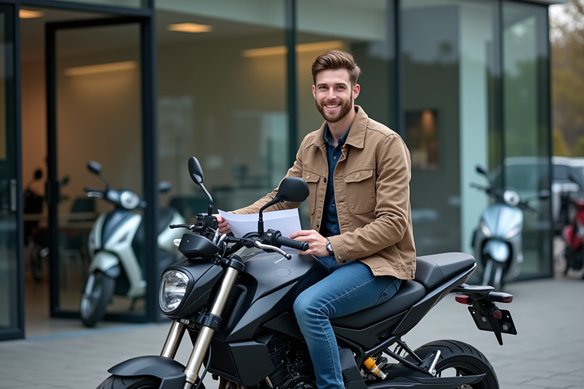 Jeune homme souriant avec moto neuve devant concession