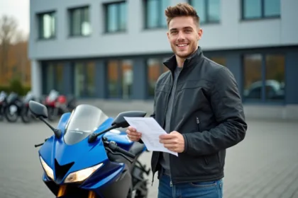Jeune homme avec documents et Yamaha R6 devant une école de conduite