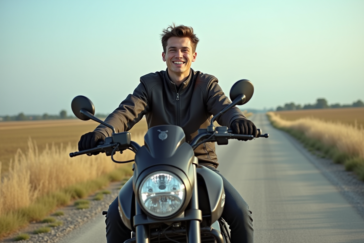 Jeune homme en équipement moto souriant sur une grande moto A2
