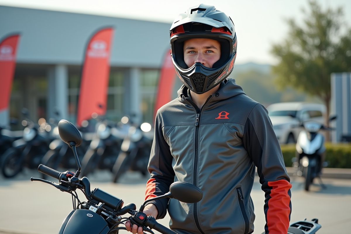 Jeune homme en motocross avec sa moto neuve en extérieur