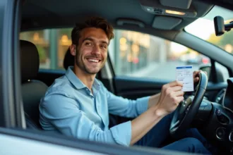 Jeune homme souriant avec permis dans une voiture urbaine