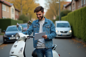 Jeune homme avec scooter et papiers d'assurance