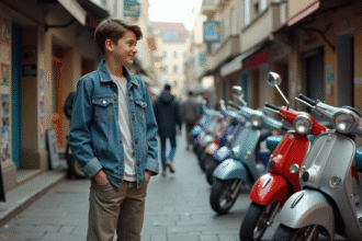 Jeune garçon souriant inspectant des scooters d'occasion en ville