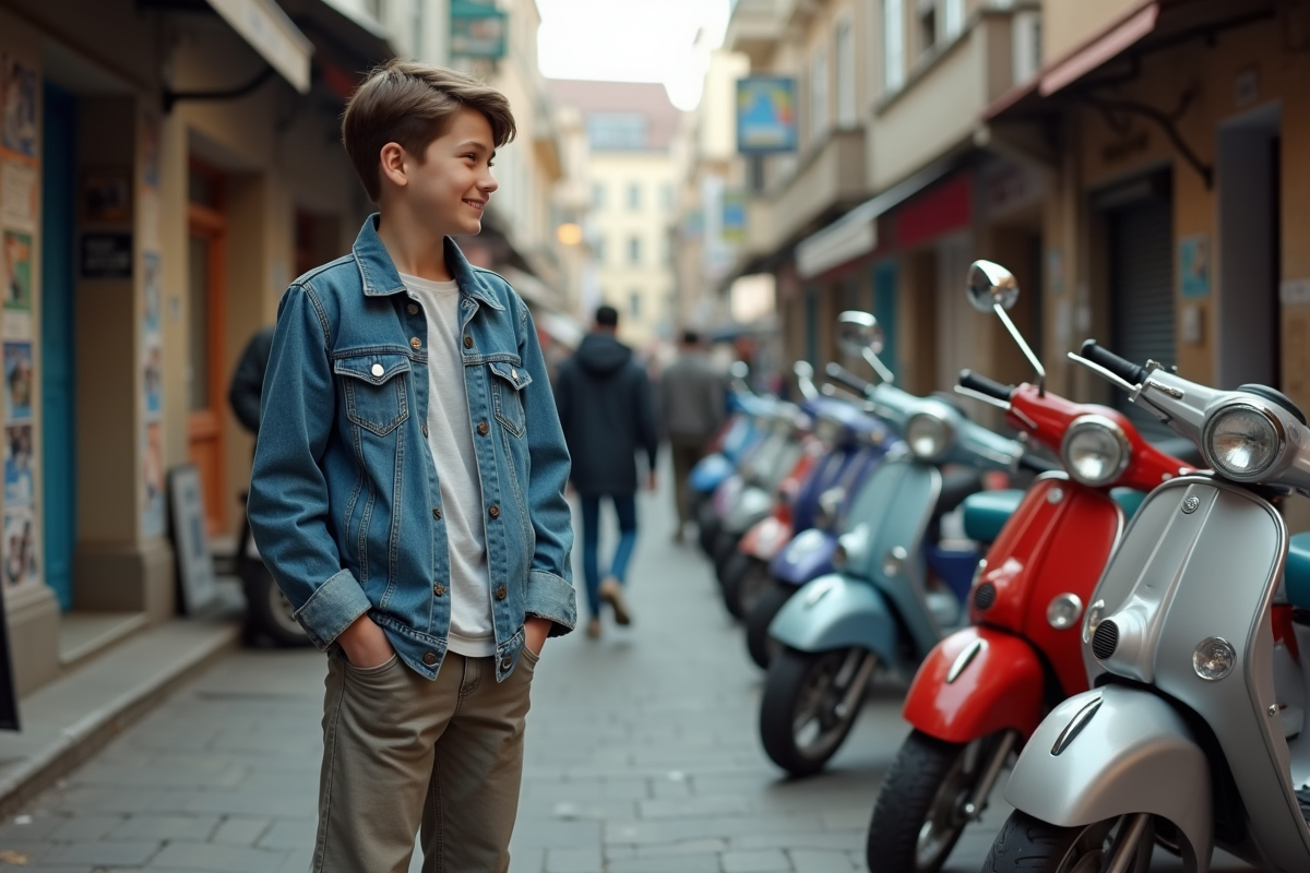Jeune garçon souriant inspectant des scooters d'occasion en ville