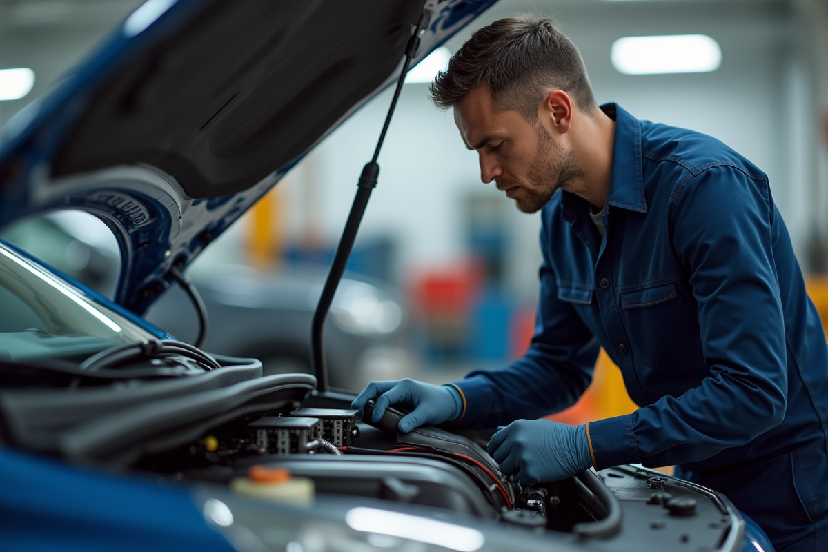Mécanicien inspectant le moteur Peugeot 1,6 HDi en lumière naturelle