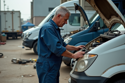 Mécanicien homme en overalls examine un van en atelier