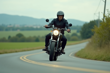 Motard en virage sur route rurale avec paysage vert