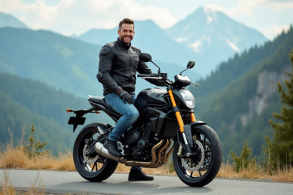 Motard en veste protectrice sur une moto au sommet de la montagne